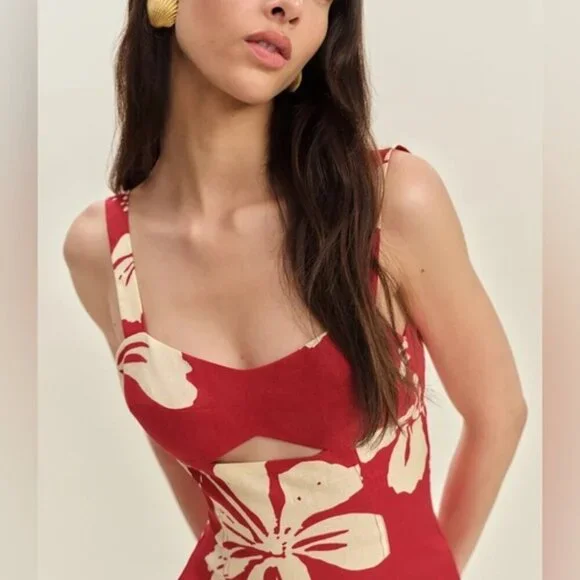 NEW Reformation Belma Linen Mini Dress Paradise Lost Red Floral | US 2 UK 4 - Picture 2 of 12
